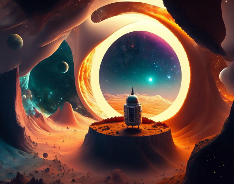 Vibrant surreal cosmic landscape with robot, celestial bodies, and alien ring structure