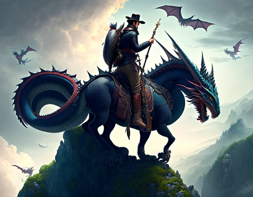 Knight riding blue dragon on craggy peak with flying dragons in misty sky