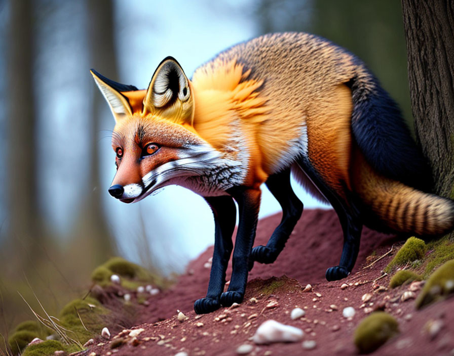 Alert red fox in forest with bushy tail and vibrant colors