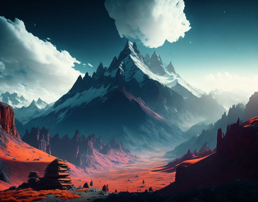 Surreal red terrain, jagged mountains, and floating rocks in starry sky