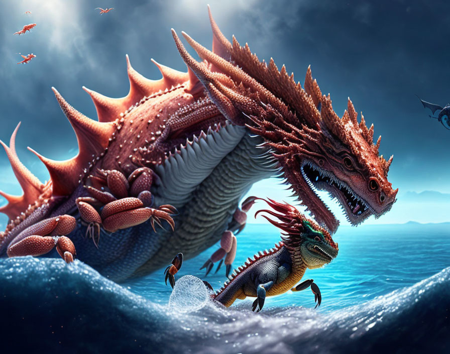 Red dragon emerging from ocean waves with smaller dragons under twilight sky.