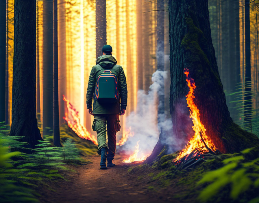 Person with backpack walking in forest with burning tree emitting smoke