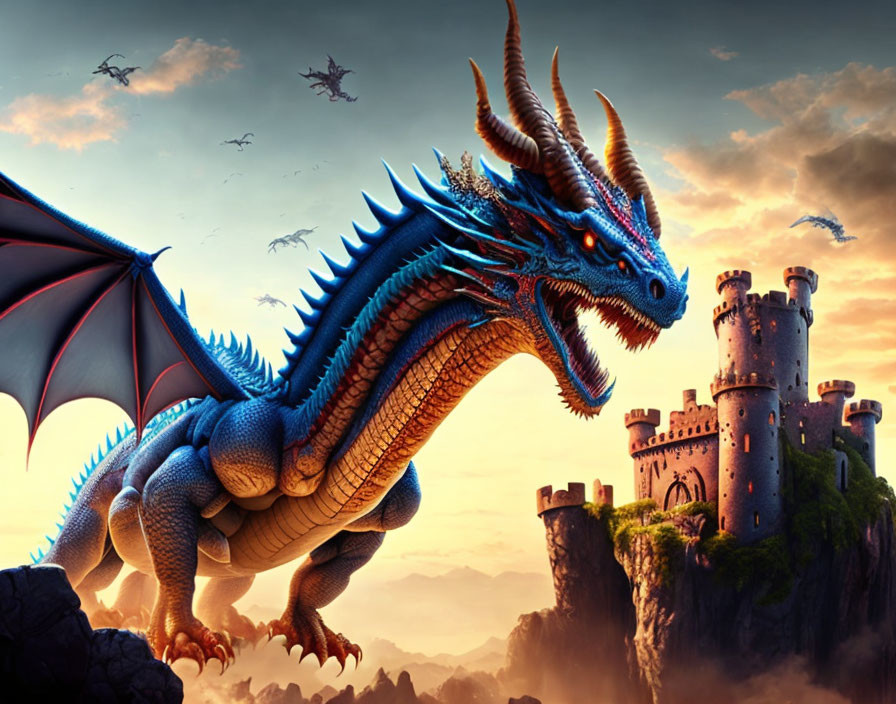 Blue dragon with orange horns on cliff by ancient castle at sunset.