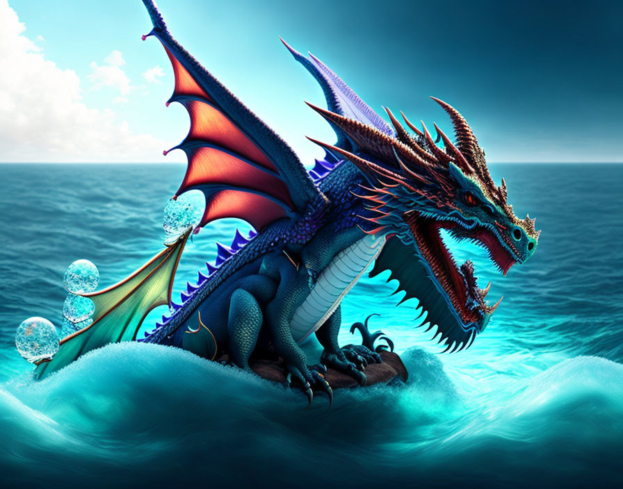 Colorful Dragon Illustration on Ocean Waves with Majestic Wings