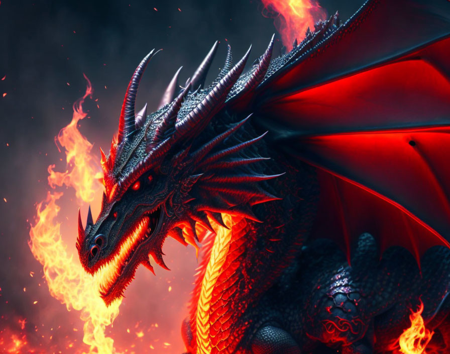 Majestic dragon breathing fire with sharp scales and red wings