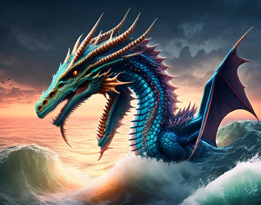 Blue dragon emerges from ocean waves at sunset with detailed scales and orange eyes