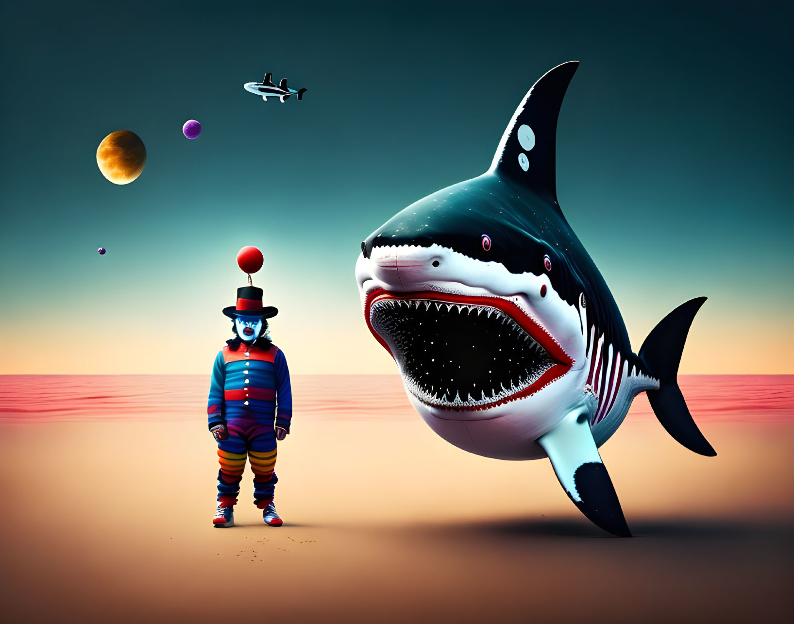 Person in Striped Outfit Confronts Shark in Surreal Desert Scene