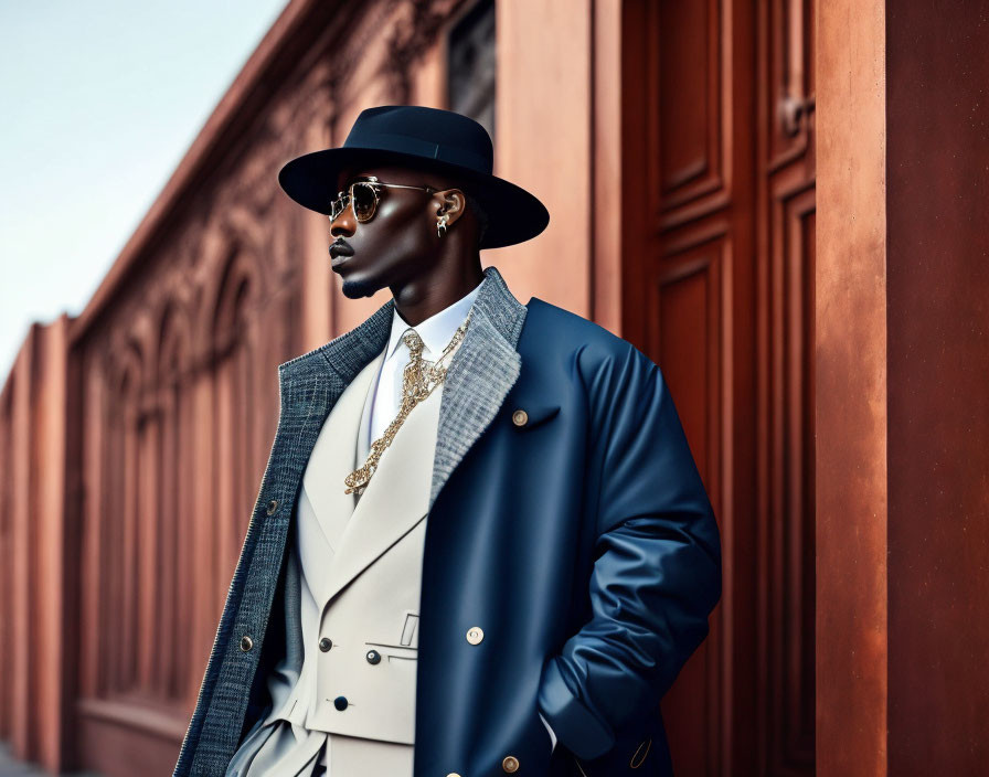 Fashionable individual in layered outfit with coat, hat, sunglasses, and gold jewelry against ornate wall