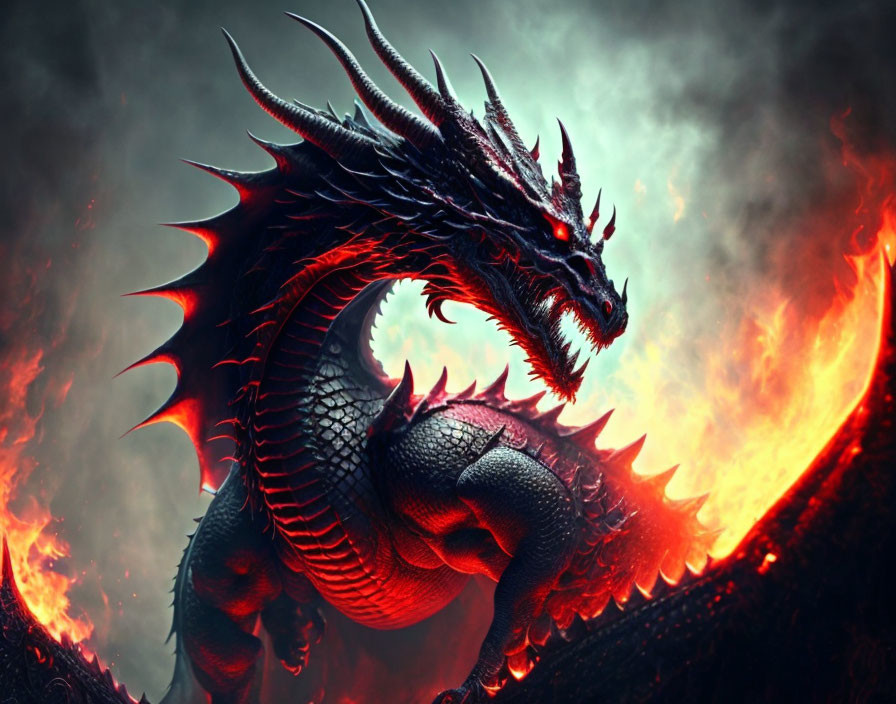 Red-Eyed Dragon Digital Art: Fierce Spines & Flames on Dark Background