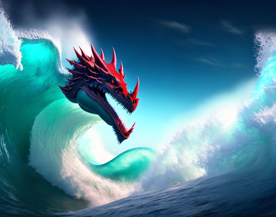 Red Dragon Emerges from Ocean Wave Under Blue Sky