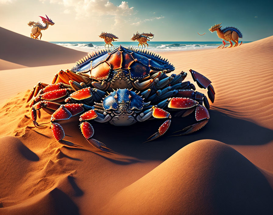 Vibrant Crabs and Fantasy Creatures on Desert Dune with Ocean Waves