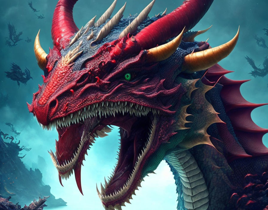 Red-scaled dragon with horns and green eyes in aquatic setting