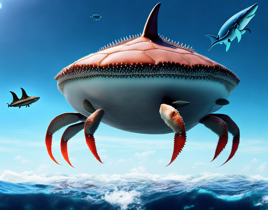 Hybrid Shark-Crab Creature Surrounded by Sharks Underwater