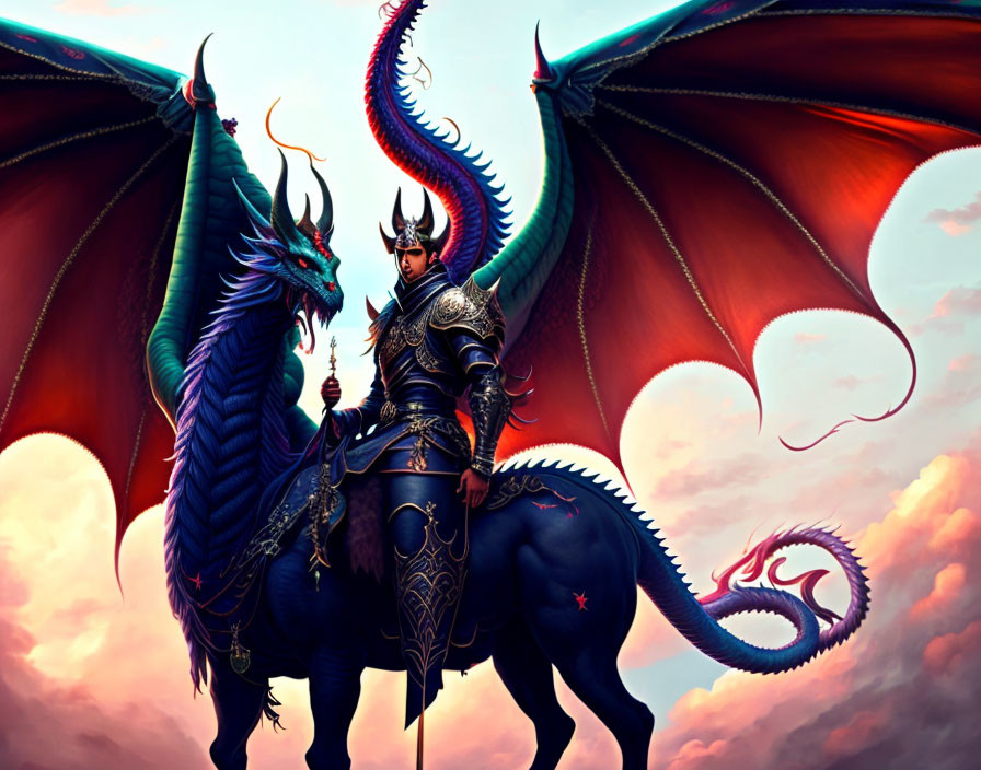 Knight and dragon under twilight sky in fantasy scene