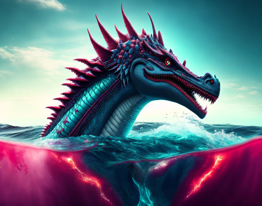 Colorful Spiky Dragon Emerges from Turbulent Ocean under Dramatic Sky