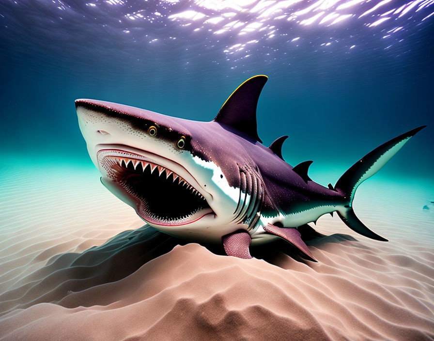 Menacing shark with sharp teeth swimming above ocean floor.