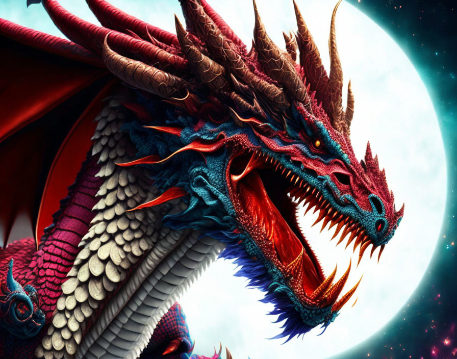 Detailed multi-headed dragon illustration against cosmic backdrop with planet