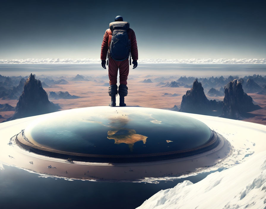 Futuristic terrarium-like Earth with astronaut overlooking alien landscape