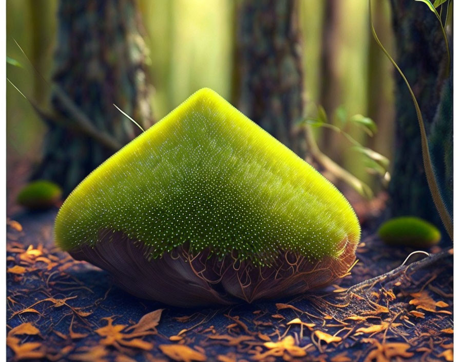 Fantasy mushroom digital artwork with luminous green cap in mystical forest