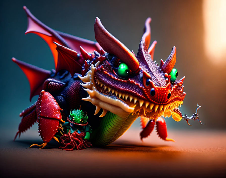 Colorful Toy Dragon with Red Scales and Green Eyes on Soft-Focus Background