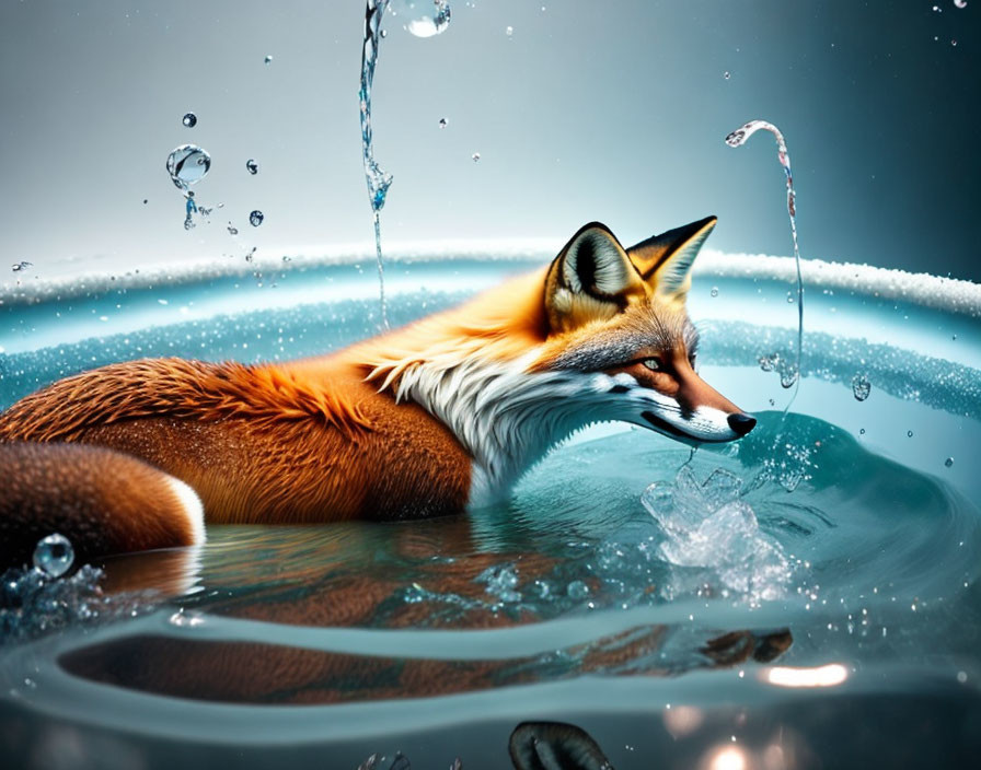 Fox Partially Submerged in Water with Splashes in Vibrant Orange Fur