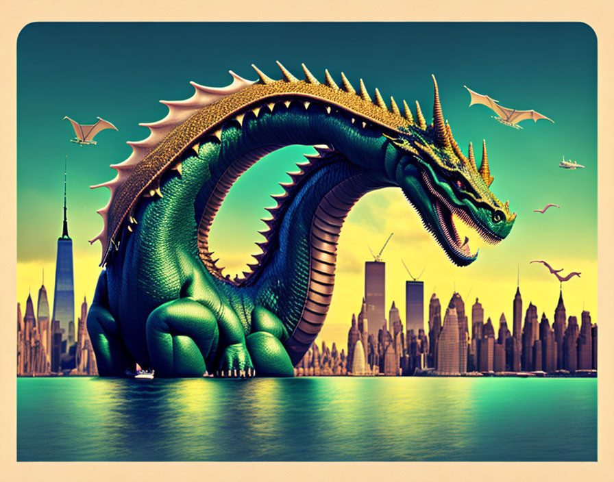 Enormous green dragon in city skyline at sunset.