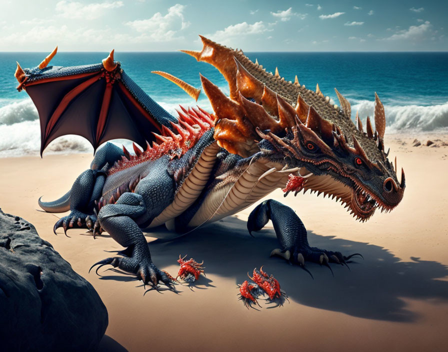 Majestic multi-headed dragon on sandy beach with tiny creatures