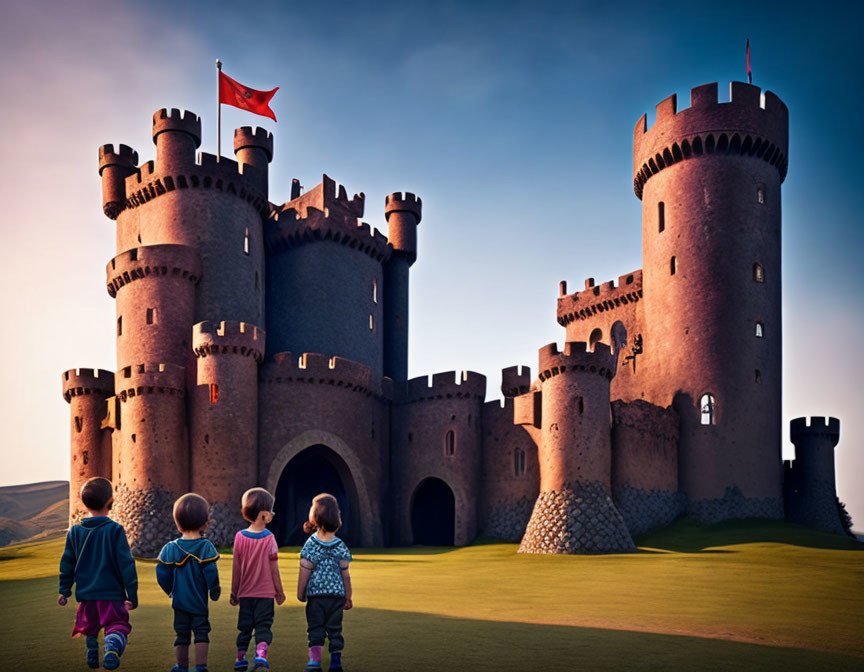 Four children admiring large fantastical castle at dusk