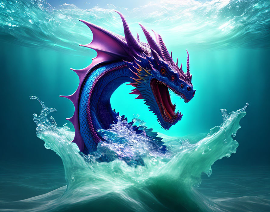 Blue and Purple Dragon Emerging from Ocean Waves on Teal Background