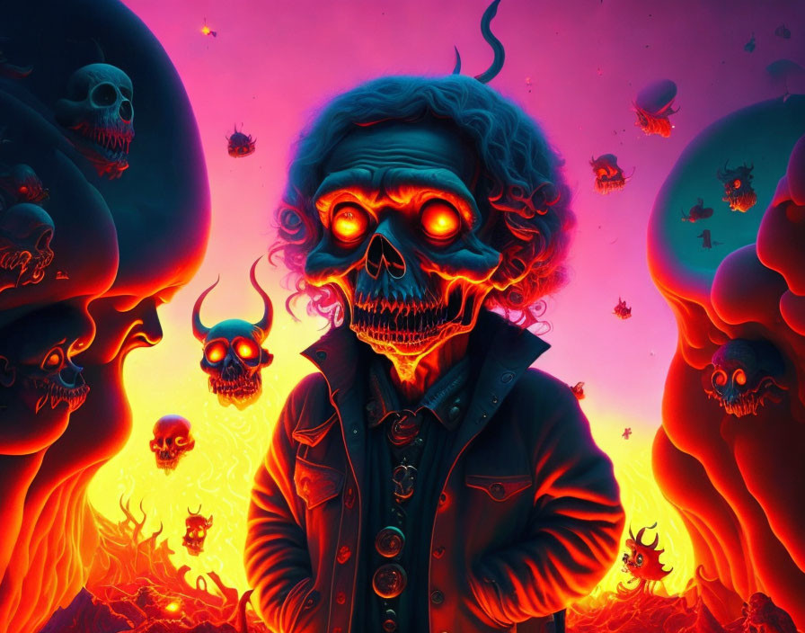 Skull-headed figure with red eyes in fiery pink and red ambiance