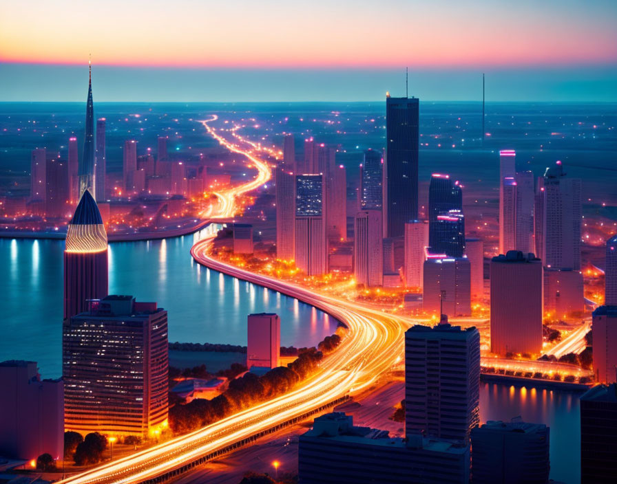 Twilight cityscape with illuminated skyscrapers and traffic lights against serene sky