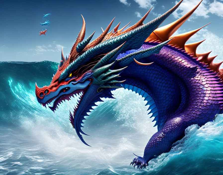 Majestic blue dragon emerging from ocean waves with red dragon flying in the sky