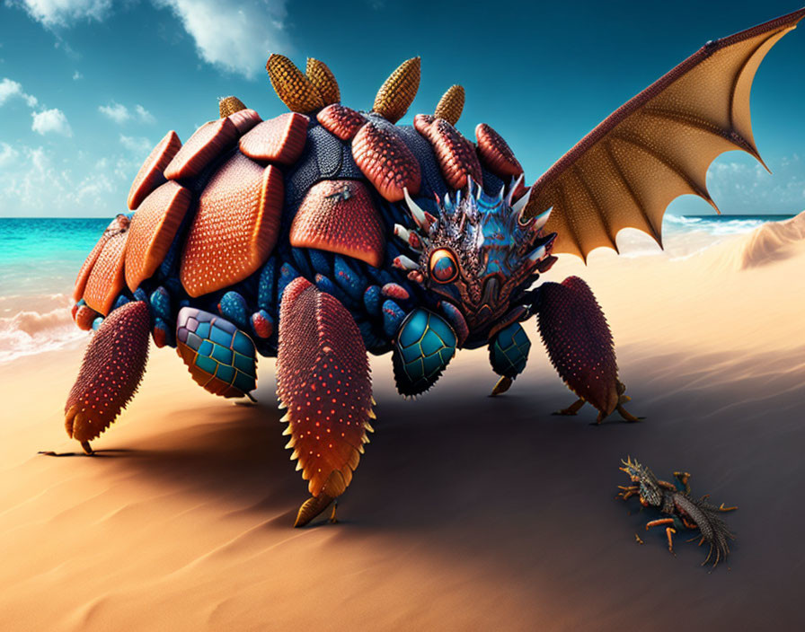 Fantastical armored dragon with wings on sandy beach with smaller dragon