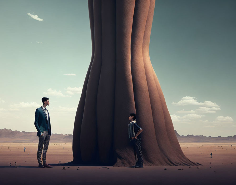 Men in suits by giant tree trunk in vast desert with surreal proportion difference