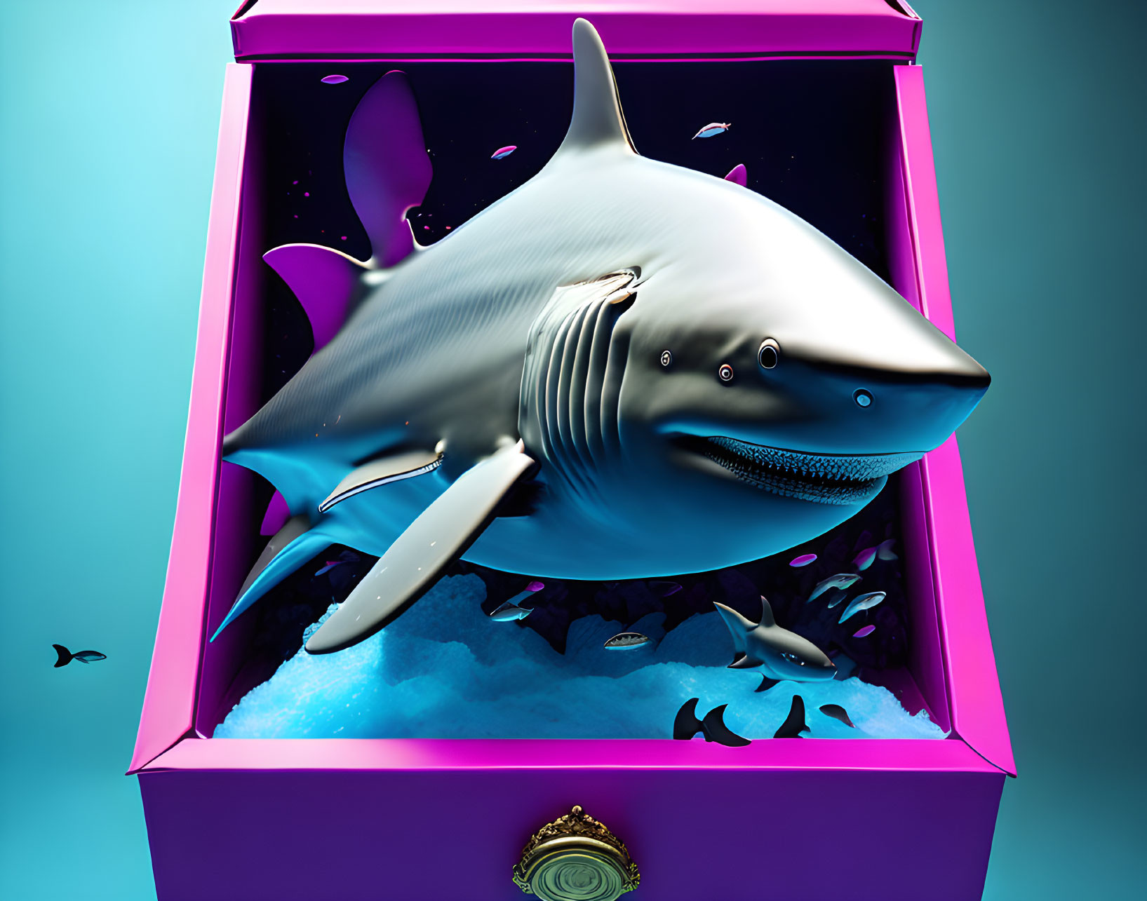 Surreal large shark in pink box with fishes on teal background