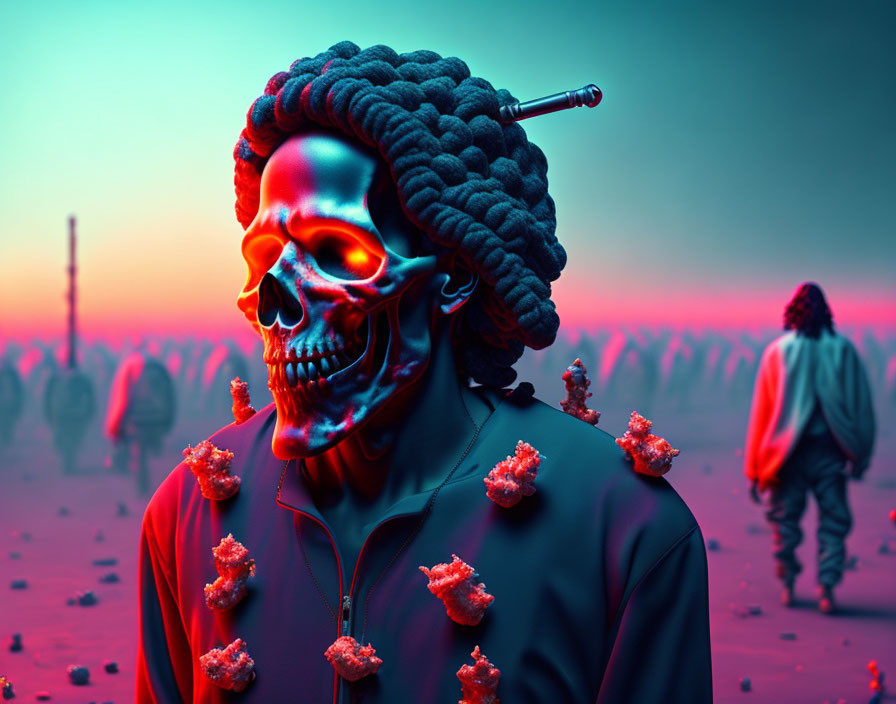 Neon-colored skull with radiant eyes in surreal setting