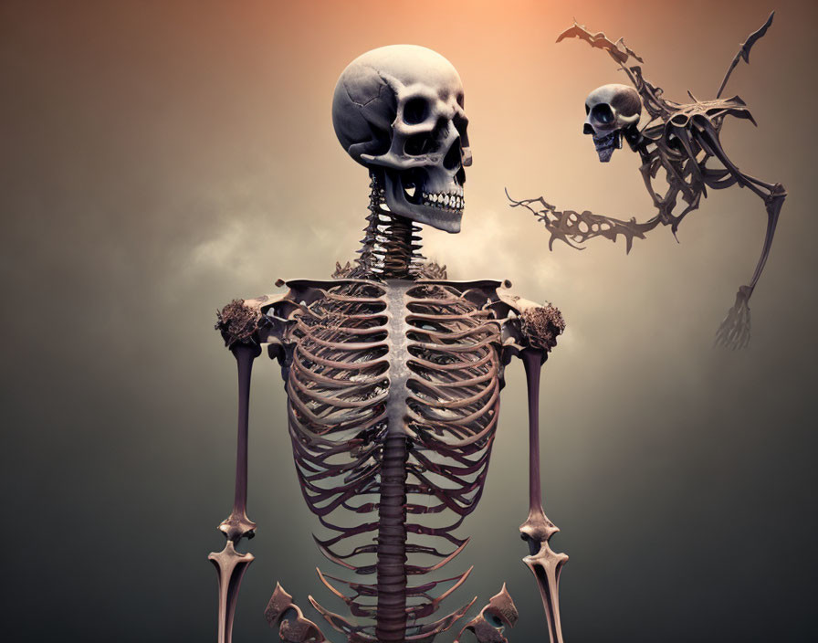 Oversized skull human skeleton with smaller figure on orange-gray background