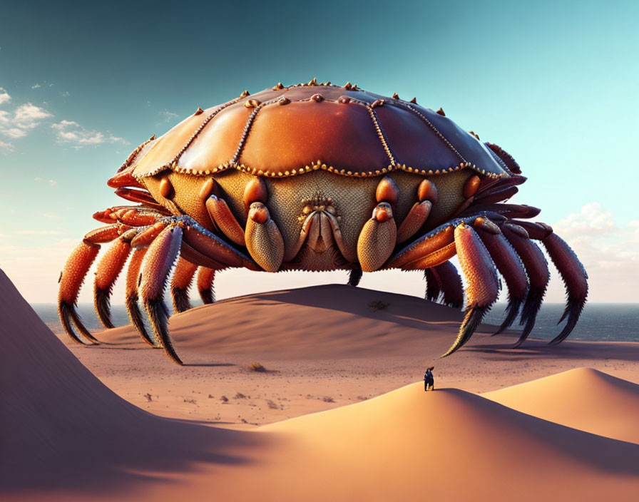 Enormous crab dwarfs human figure in sandy landscape