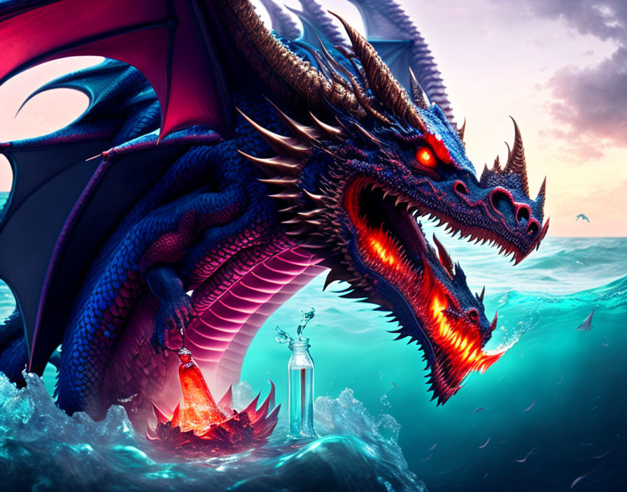 Majestic blue and red dragon flying over ocean with shipwreck below