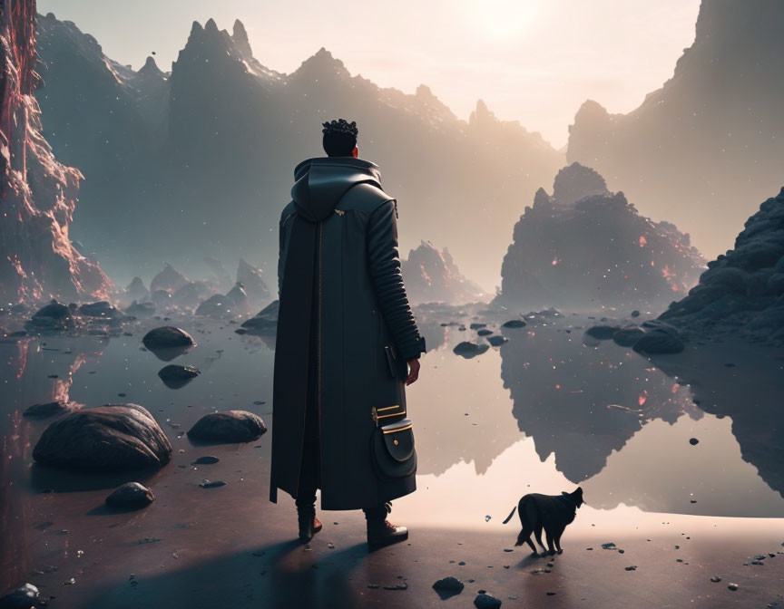 Person in Long Coat Standing with Dog in Surreal Landscape