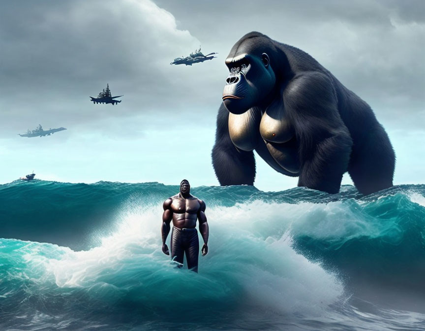 Enormous gorilla overlooks ocean with military aircraft and ships in stormy skies