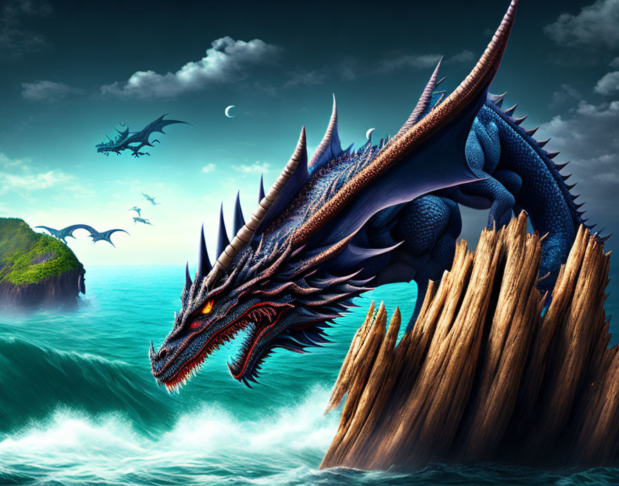 Blue dragon perched on seaside cliff at twilight