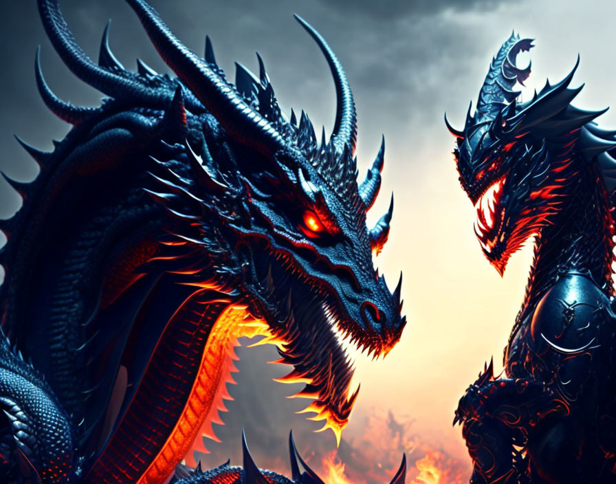 Detailed Dragon Art: Glowing Red-Eyed Dragons in Fiery Sky