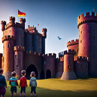 Four children admiring large fantastical castle at dusk