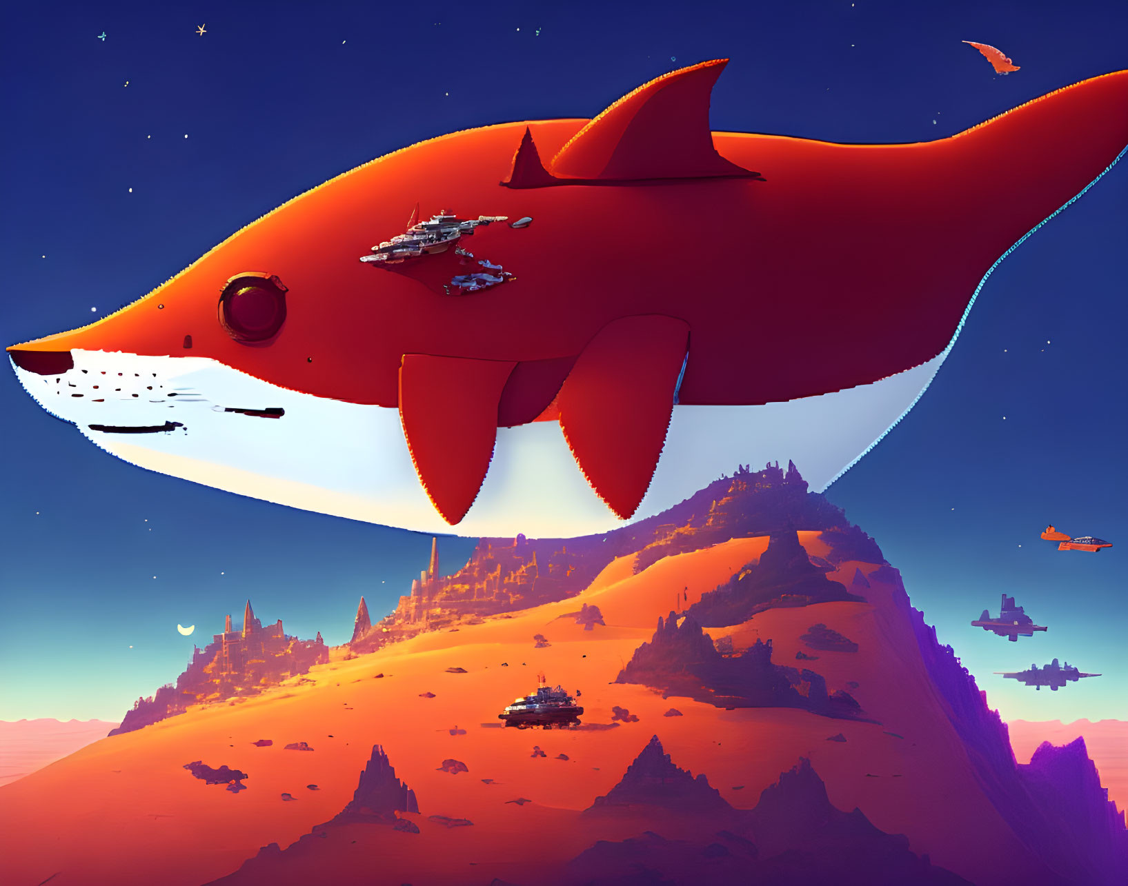 Red shark-shaped spaceship flying over alien landscape with futuristic structures under twilight sky