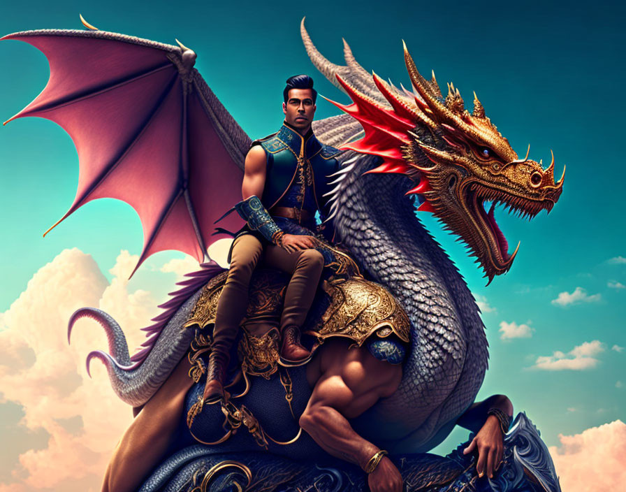 Warrior riding majestic dragon with red wings and golden horns in cloudy sky.