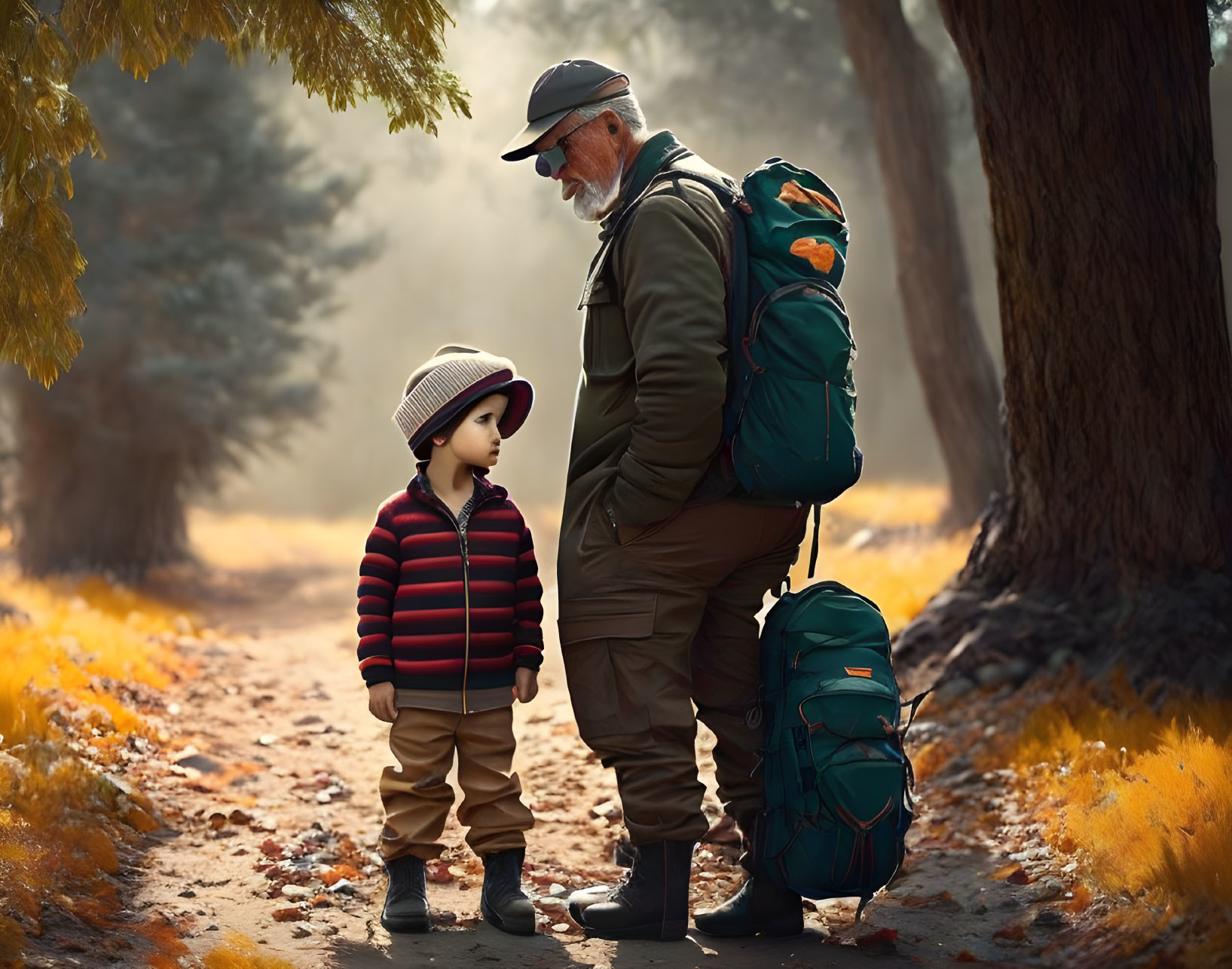 Elderly man and child share a moment in forest setting.