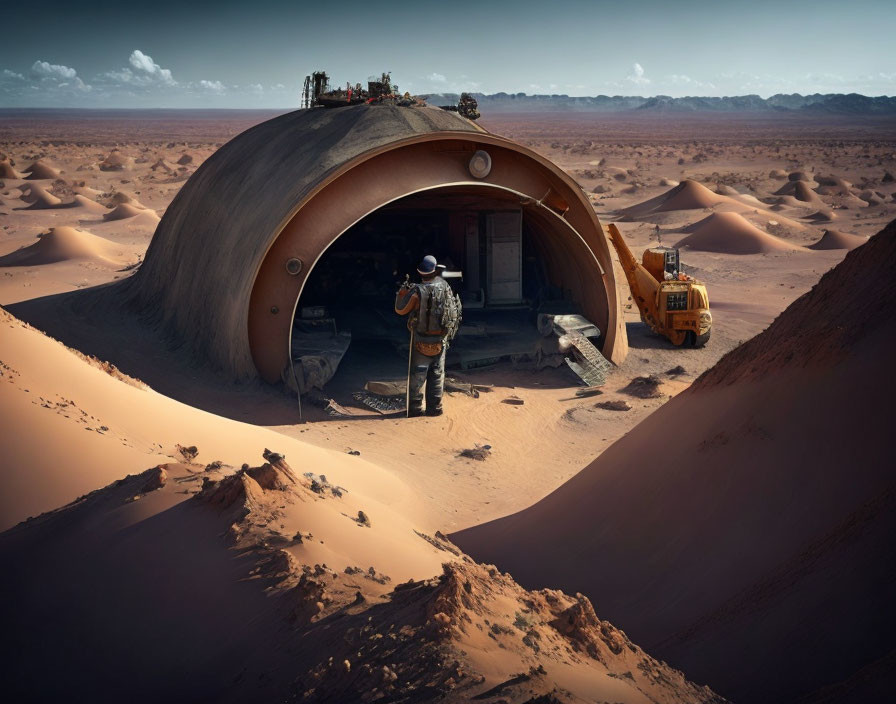 Futuristic desert shelter with machinery in vast sandy landscape