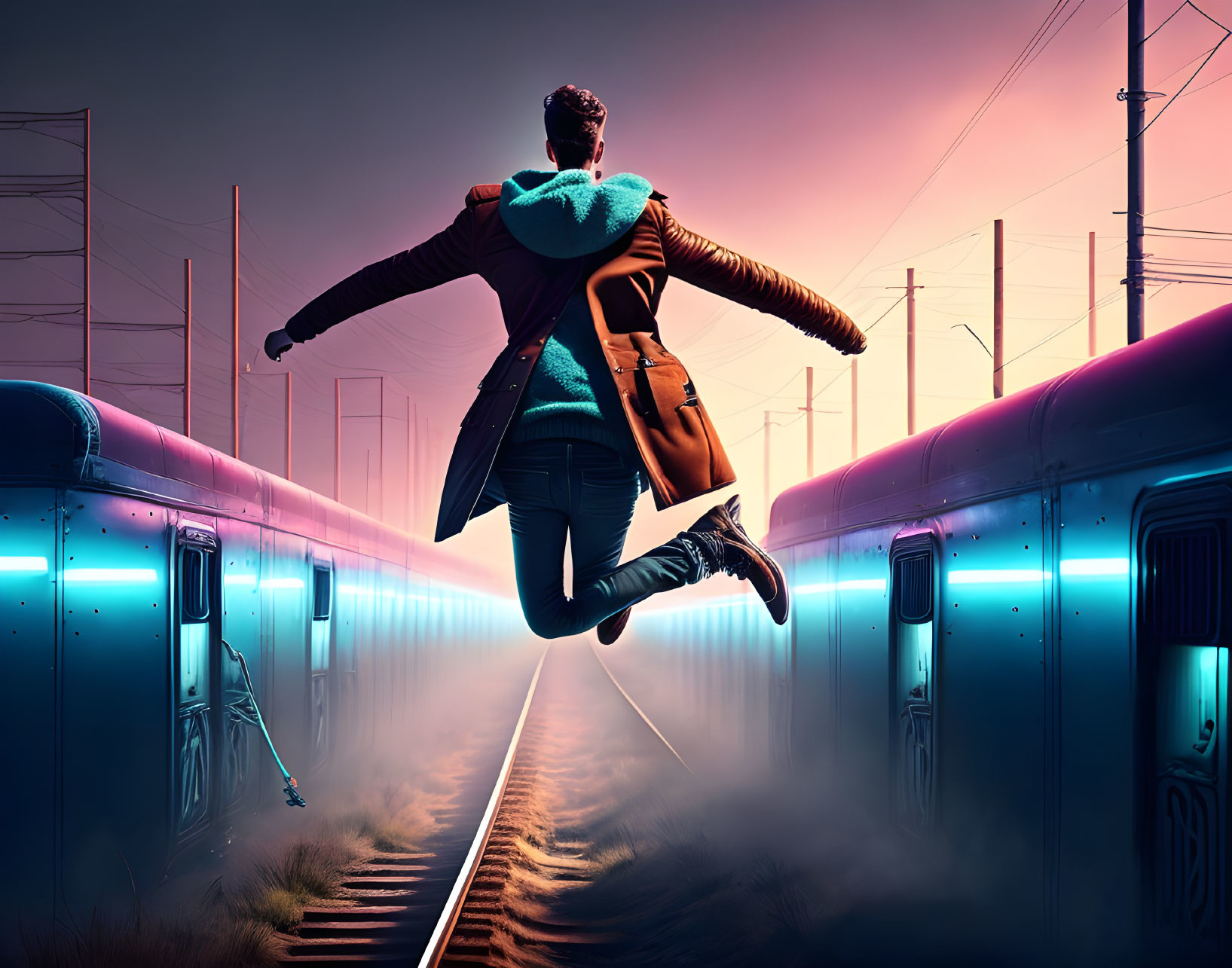 Person in Coat Leaping Over Train Tracks with Pink and Blue Sky