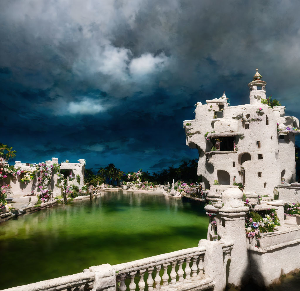 White castle-like structure with blooming flowers near green pond under stormy sky